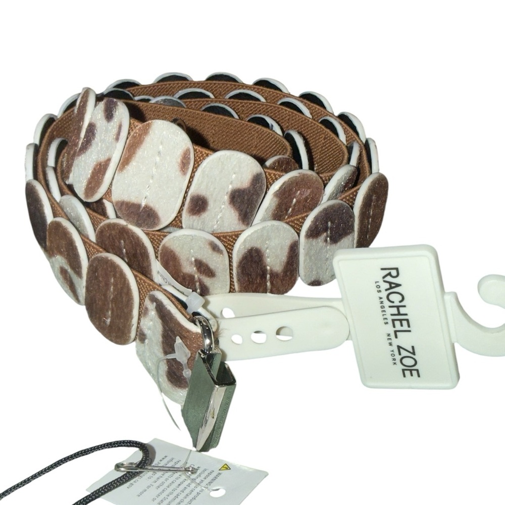 NWT Rachel Zoe Cowhide Disc Stretch Belt Brown White Boho Western L/XL Stretch